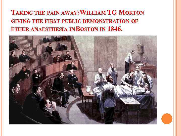 TAKING THE PAIN AWAY: WILLIAM TG MORTON GIVING THE FIRST PUBLIC DEMONSTRATION OF ETHER