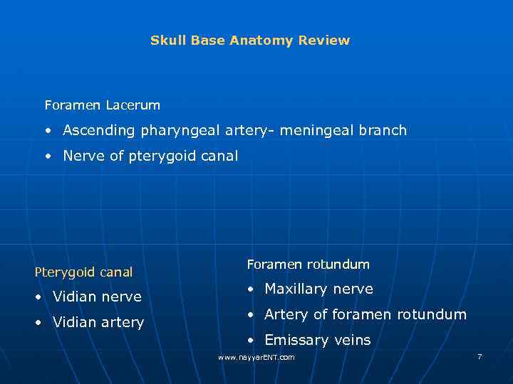 Skull Base Anatomy Review Foramen Lacerum • Ascending pharyngeal artery- meningeal branch • Nerve