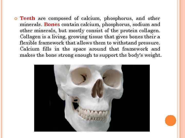  Teeth are composed of calcium, phosphorus, and other minerals. Bones contain calcium, phosphorus,