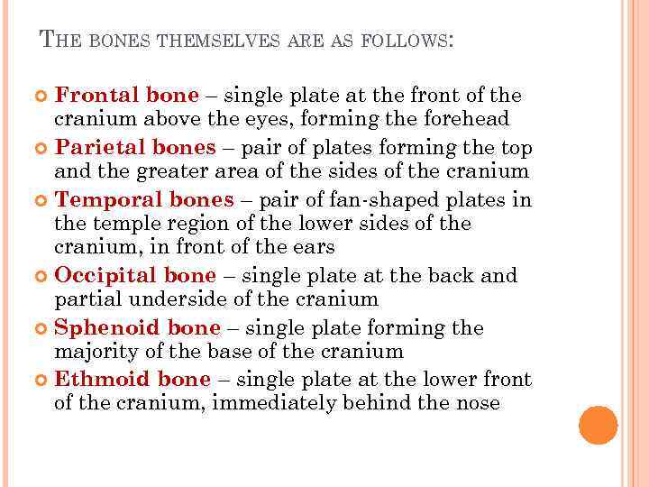 THE BONES THEMSELVES ARE AS FOLLOWS: Frontal bone – single plate at the front