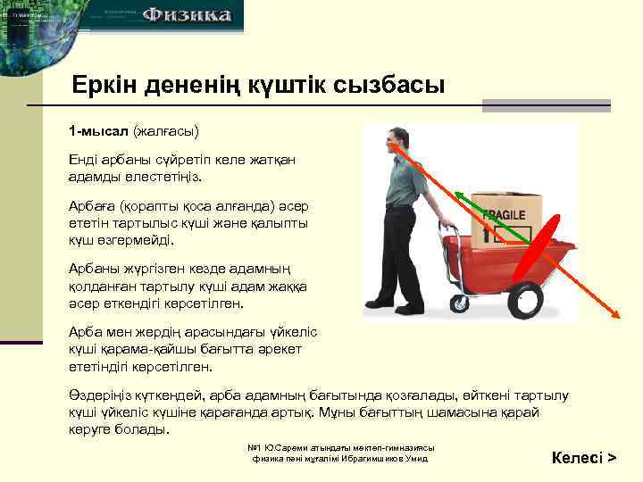 Еркін дененің күштік сызбасы 1 -мысал (жалғасы) Енді арбаны сүйретіп келе жатқан адамды елестетіңіз.