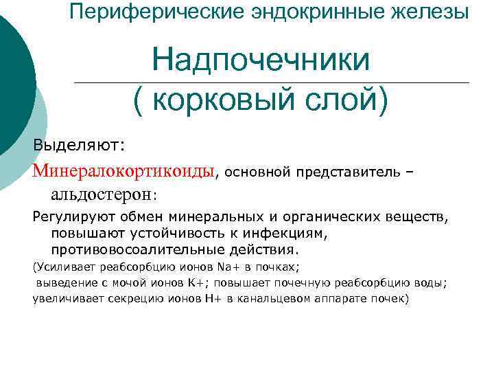 Периферические эндокринные железы Надпочечники ( корковый слой) Выделяют: Минералокортикоиды, основной представитель – альдостерон: Регулируют