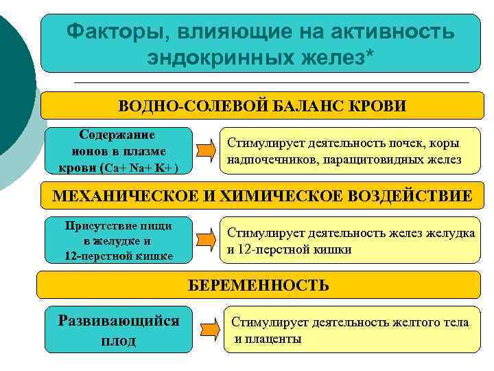 Факторы, влияющие на активность эндокринных желез* ВОДНО-СОЛЕВОЙ БАЛАНС КРОВИ Содержание ионов в плазме крови