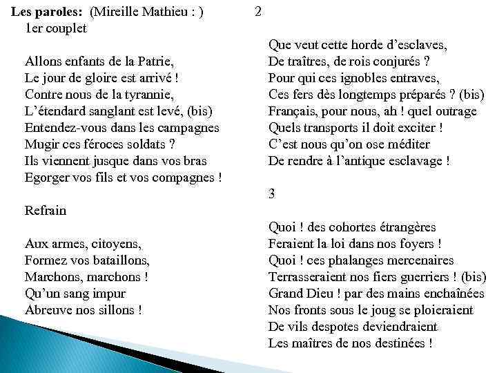 Les paroles: (Mireille Mathieu : ) 1 er couplet Allons enfants de la Patrie,