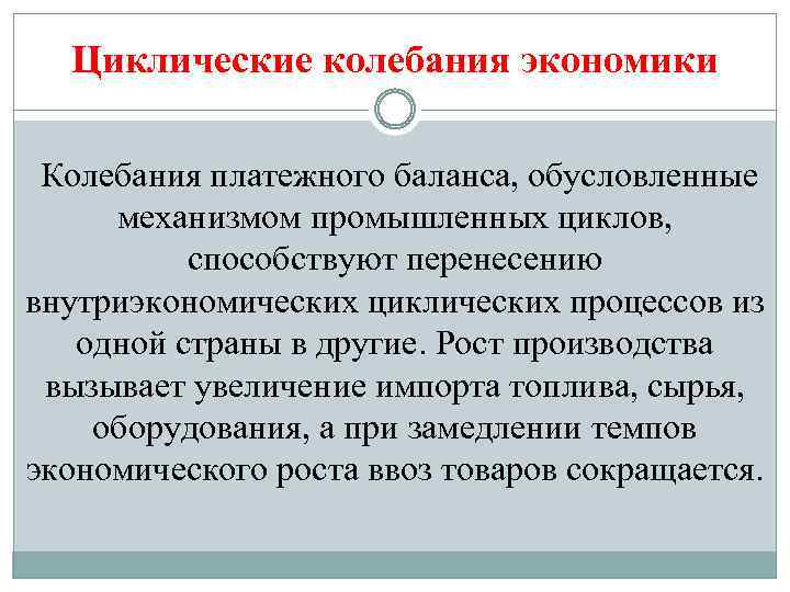 Циклические колебания экономики Колебания платежного баланса, обусловленные механизмом промышленных циклов, способствуют перенесению внутриэкономических циклических
