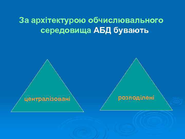 За архітектурою обчислювального середовища АБД бувають централізовані розподілені 