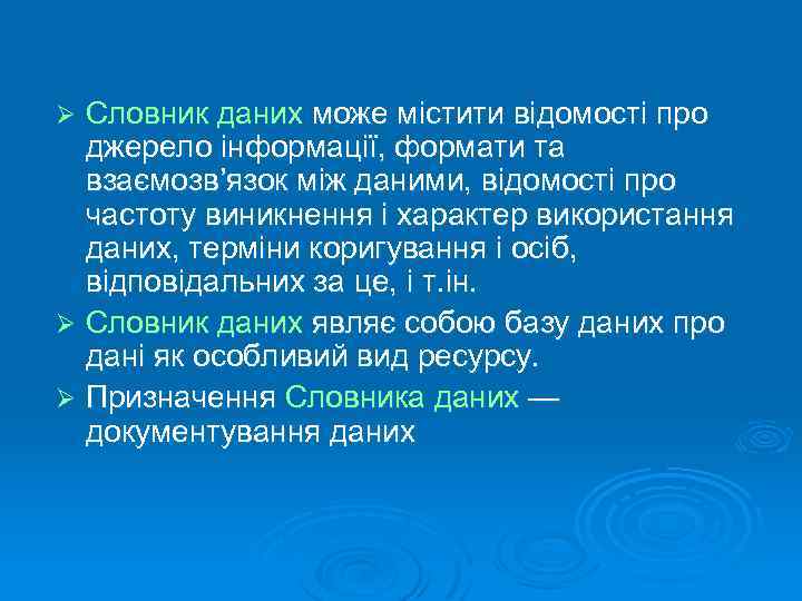 Словник даних може містити відомості про джерело інформації, формати та взаємозв’язок між даними, відомості