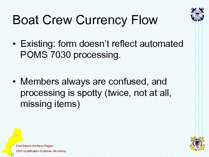Boat Crew Currency Flow • Existing: form doesn’t reflect automated POMS 7030 processing. •