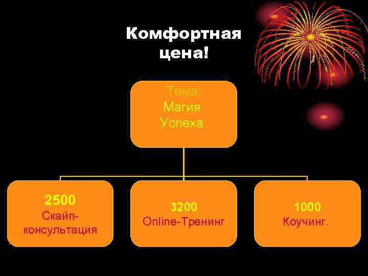 Комфортная цена! Тема: Магия Успеха 2500 Скайпконсультация 3200 Online-Тренинг 1000 Коучинг. 