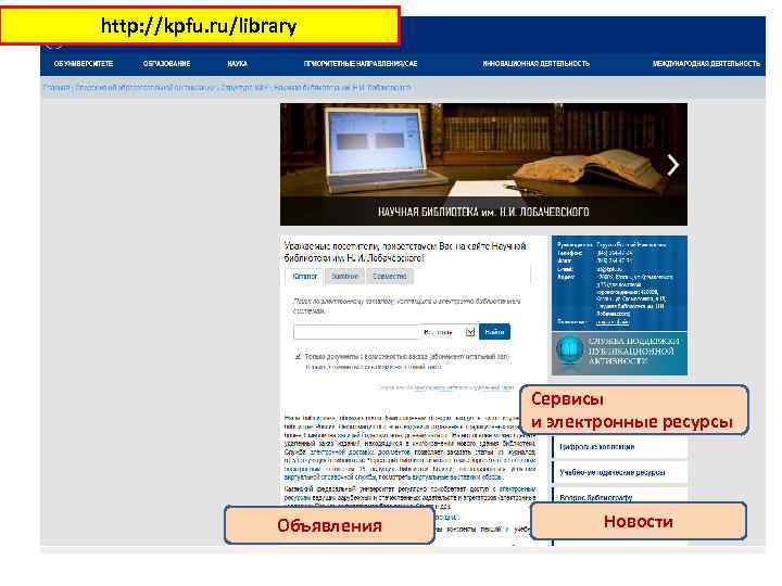 http: //kpfu. ru/library Сервисы и электронные ресурсы Объявления Новости 