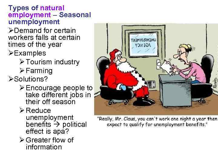 Types of natural employment – Seasonal unemployment ØDemand for certain workers falls at certain