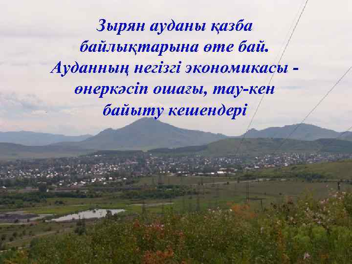 Зырян ауданы қазба байлықтарына өте бай. Ауданның негізгі экономикасы өнеркәсіп ошағы, тау-кен байыту кешендері