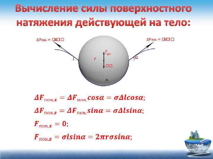 Вычисление силы поверхностного натяжения действующей на тело: ∆Fпов. = ∆ α r 