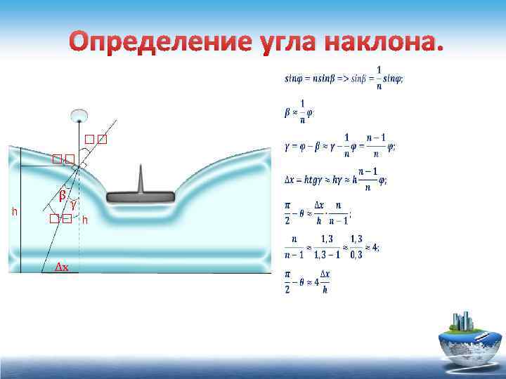 Определение угла наклона. β h γ h ∆x 