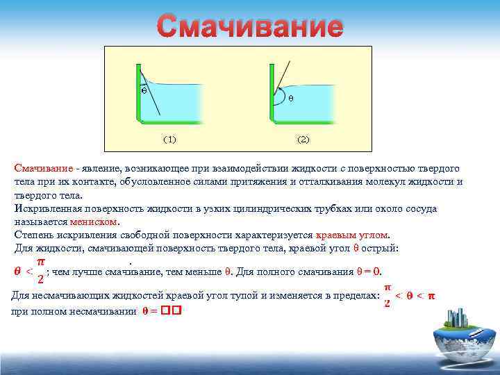 Смачивание - явление, возникающее при взаимодействии жидкости с поверхностью твердого тела при их контакте,