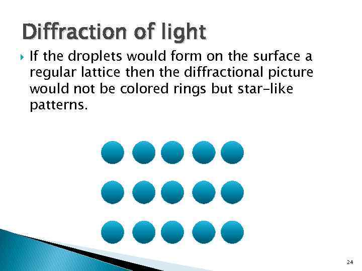 Diffraction of light If the droplets would form on the surface a regular lattice