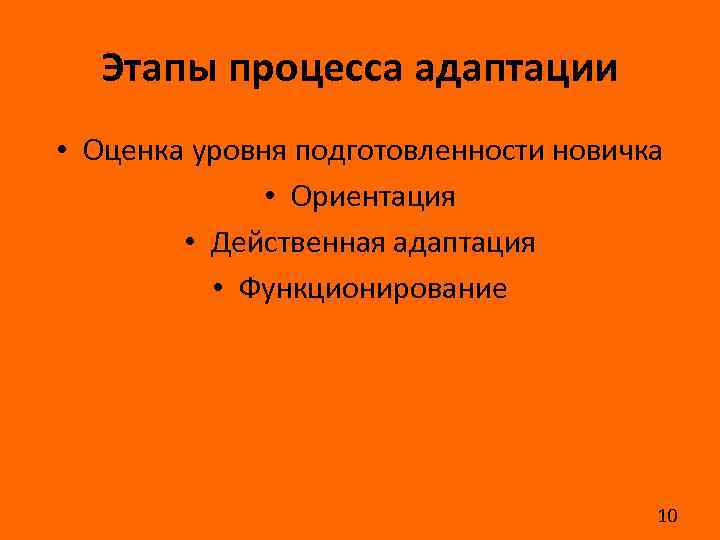 Этапы процесса адаптации • Оценка уровня подготовленности новичка • Ориентация • Действенная адаптация •