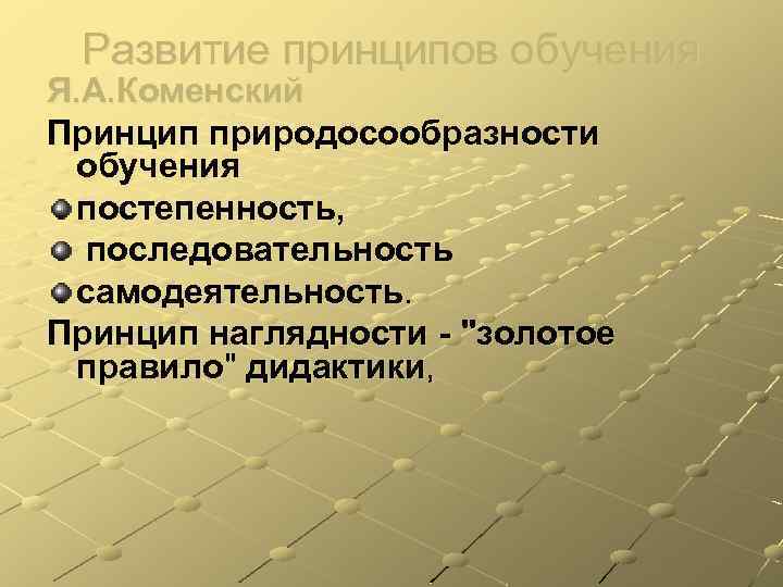 Развитие принципов обучения Я. А. Коменский Принцип природосообразности обучения постепенность, последовательность самодеятельность. Принцип наглядности