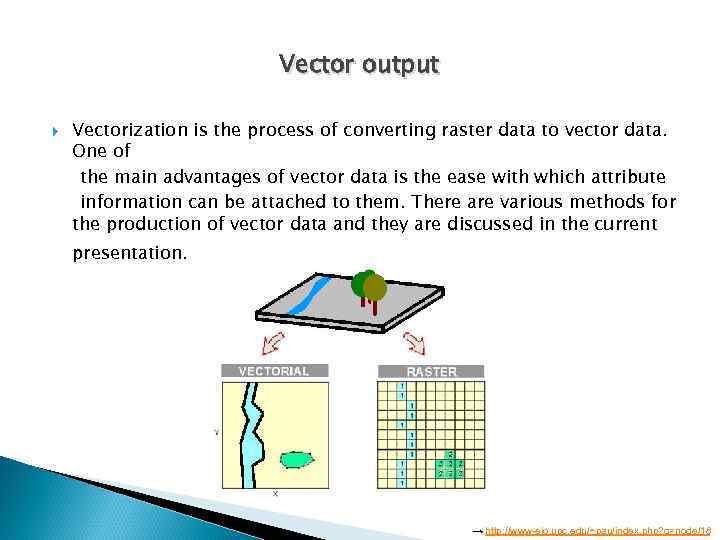 Vector output Vectorization is the process of converting raster data to vector data. One