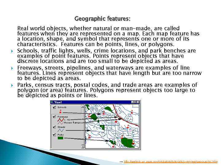 Geographic features: Real world objects, whether natural or man-made, are called features when they