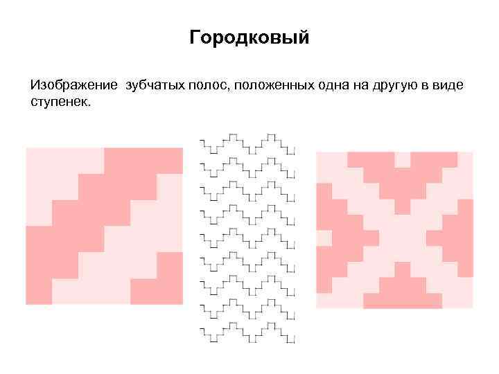 Городковый Изображение зубчатых полос, положенных одна на другую в виде ступенек. 