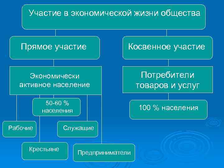 Участие в экономической жизни общества Прямое участие Косвенное участие Экономически активное население Потребители товаров