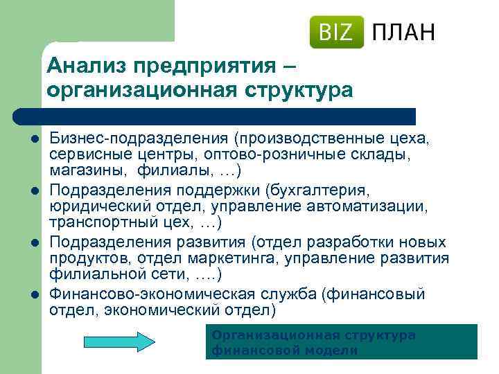 Анализ предприятия – организационная структура l l Бизнес-подразделения (производственные цеха, сервисные центры, оптово-розничные склады,