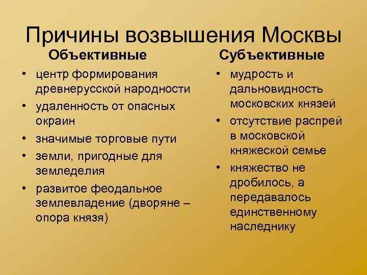 Причины возвышения Москвы Объективные • центр формирования древнерусской народности • удаленность от опасных окраин