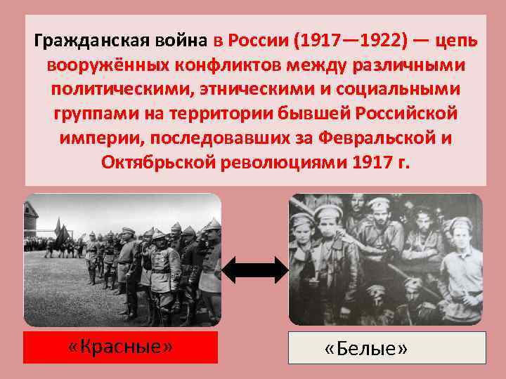 Гражданская война в России (1917— 1922) — цепь вооружённых конфликтов между различными политическими, этническими