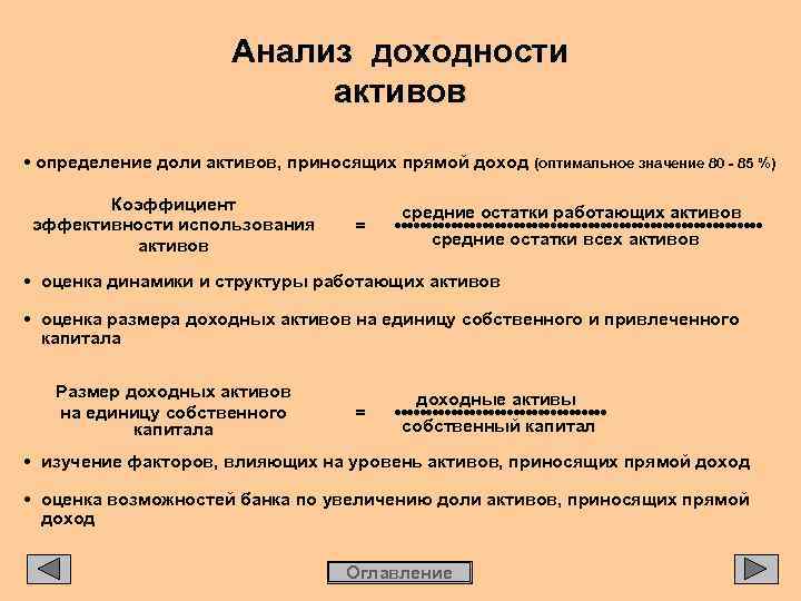 Анализ доходности активов • определение доли активов, приносящих прямой доход (оптимальное значение 80 -
