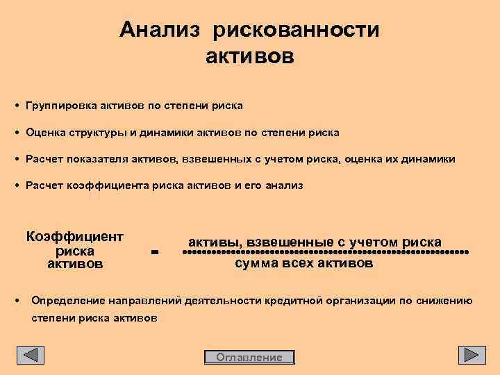 Анализ рискованности активов • Группировка активов по степени риска • Оценка структуры и динамики