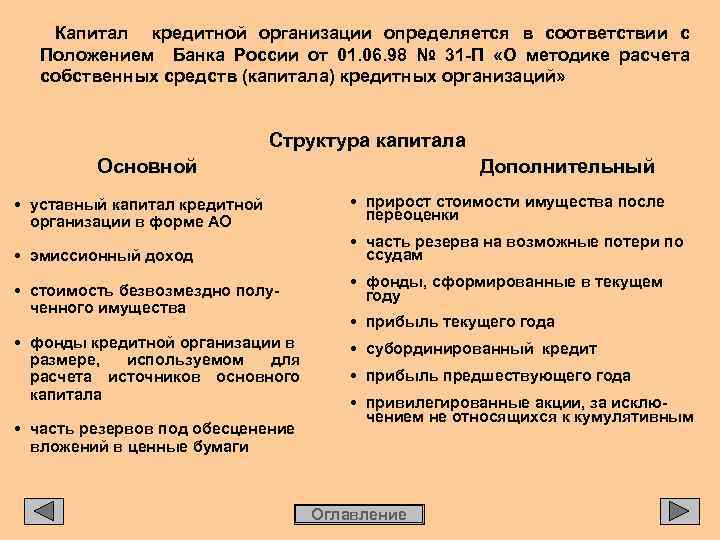 Капитал кредитной организации определяется в соответствии с Положением Банка России от 01. 06. 98