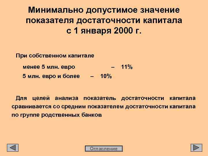 Минимально допустимое значение показателя достаточности капитала с 1 января 2000 г. При собственном капитале