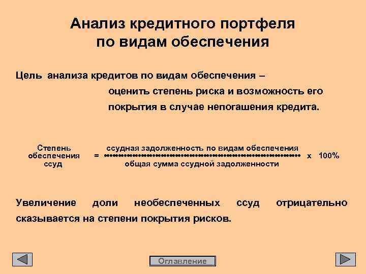 Анализ кредитного портфеля по видам обеспечения Цель анализа кредитов по видам обеспечения – оценить