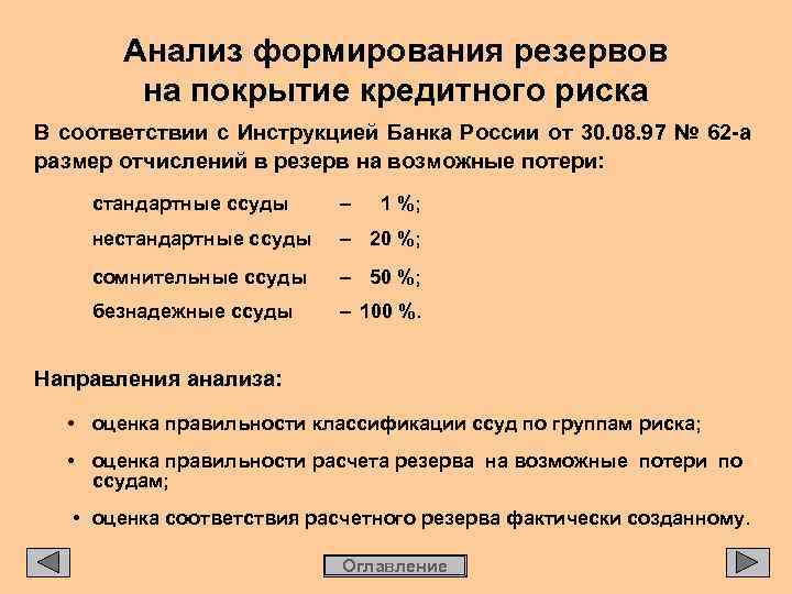 Анализ формирования резервов на покрытие кредитного риска В соответствии с Инструкцией Банка России от