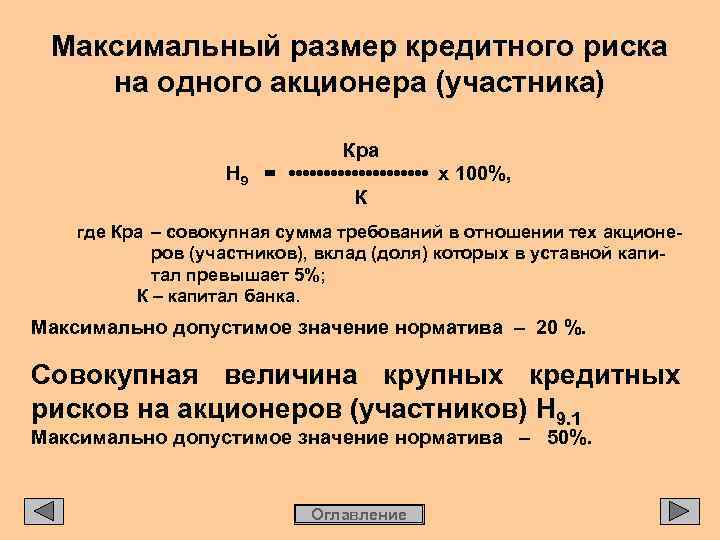 Максимальный размер кредитного риска на одного акционера (участника) Н 9 Кра = • •