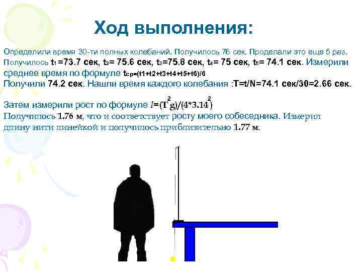 Ход выполнения: Определили время 30 -ти полных колебаний. Получилось 76 сек. Проделали это еще