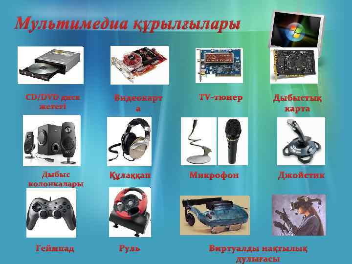 Мультимедиа құрылғылары CD/DVD диск жетегі Видеокарт а Дыбыс колонкалары Құлаққап Геймпад Руль TV-тюнер Микрофон