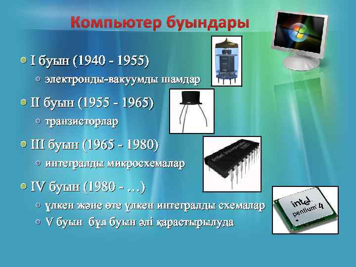 Компьютер буындары I буын (1940 - 1955) электронды-вакуумды шамдар II буын (1955 - 1965)