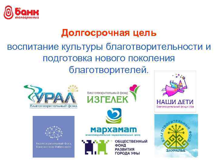 Долгосрочная цель воспитание культуры благотворительности и подготовка нового поколения благотворителей. 