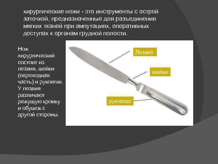 хирургические ножи - это инструменты с острой заточкой, предназначенные для разъединения мягких тканей при