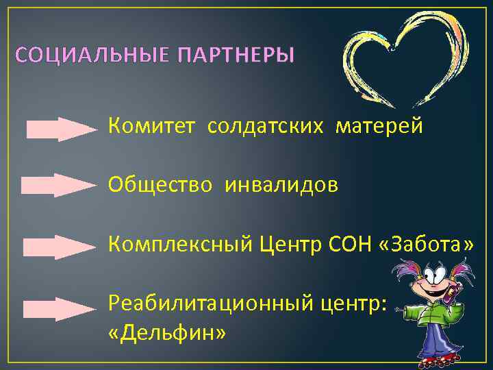 СОЦИАЛЬНЫЕ ПАРТНЕРЫ Комитет солдатских матерей Общество инвалидов Комплексный Центр СОН «Забота» Реабилитационный центр: «Дельфин»
