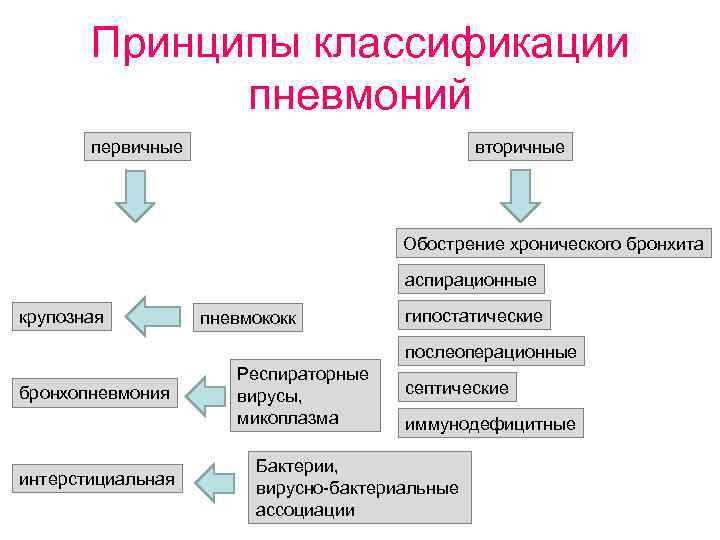 Принципы классификации пневмоний первичные вторичные Обострение хронического бронхита аспирационные крупозная пневмококк гипостатические послеоперационные бронхопневмония