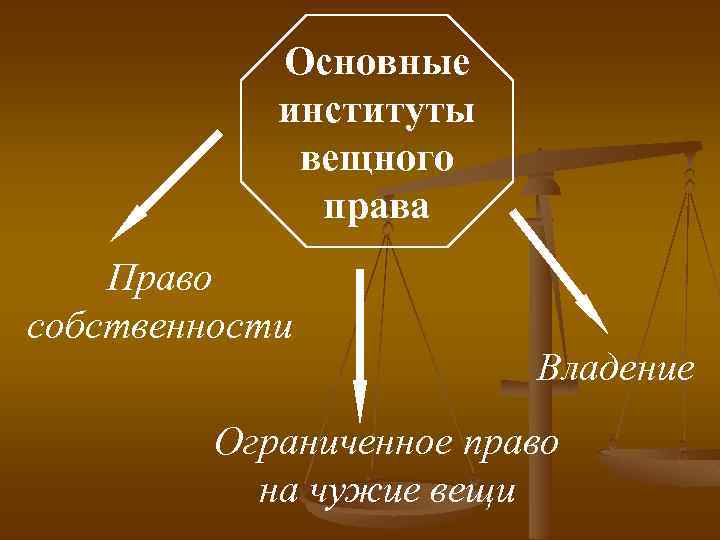 Основные институты вещного права Право собственности Владение Ограниченное право на чужие вещи 