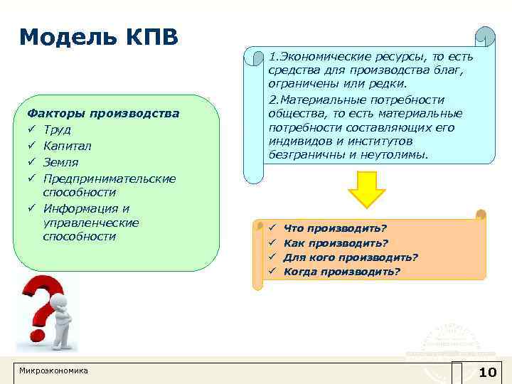 Модель КПВ Факторы производства ü Труд ü Капитал ü Земля ü Предпринимательские способности ü