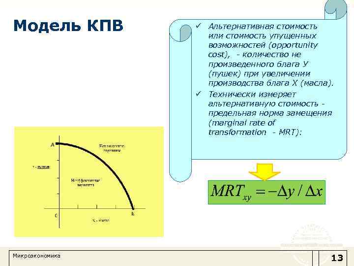 Модель КПВ Микроэкономика ü Альтернативная стоимость или стоимость упущенных возможностей (opportunity cost), - количество
