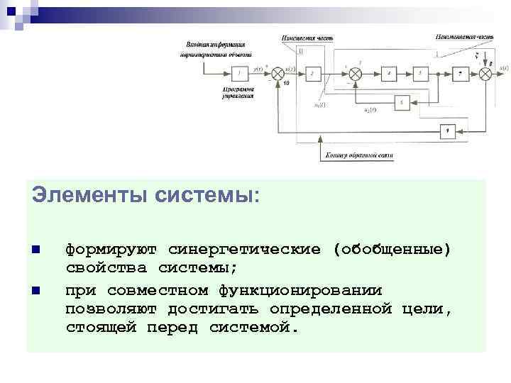 Элементы системы: n n формируют синергетические (обобщенные) свойства системы; при совместном функционировании позволяют достигать