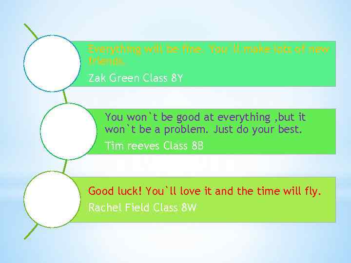 Everything will be fine. You`ll make lots of new friends. Zak Green Class 8