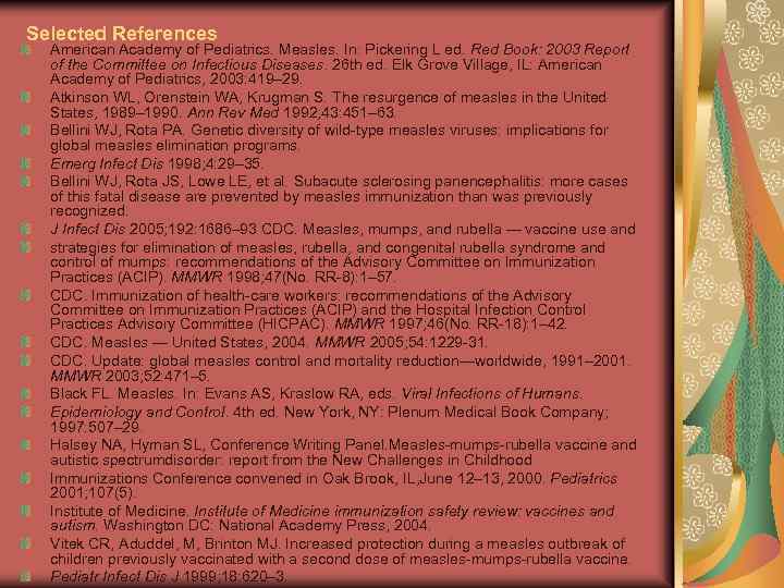 Selected References American Academy of Pediatrics. Measles. In: Pickering L ed. Red Book: 2003