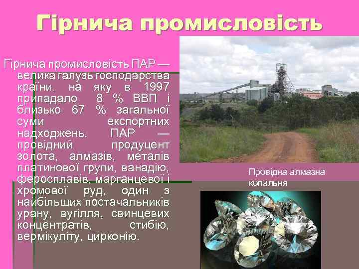 Гірнича промисловість ПАР — велика галузь господарства країни, на яку в 1997 припадало 8